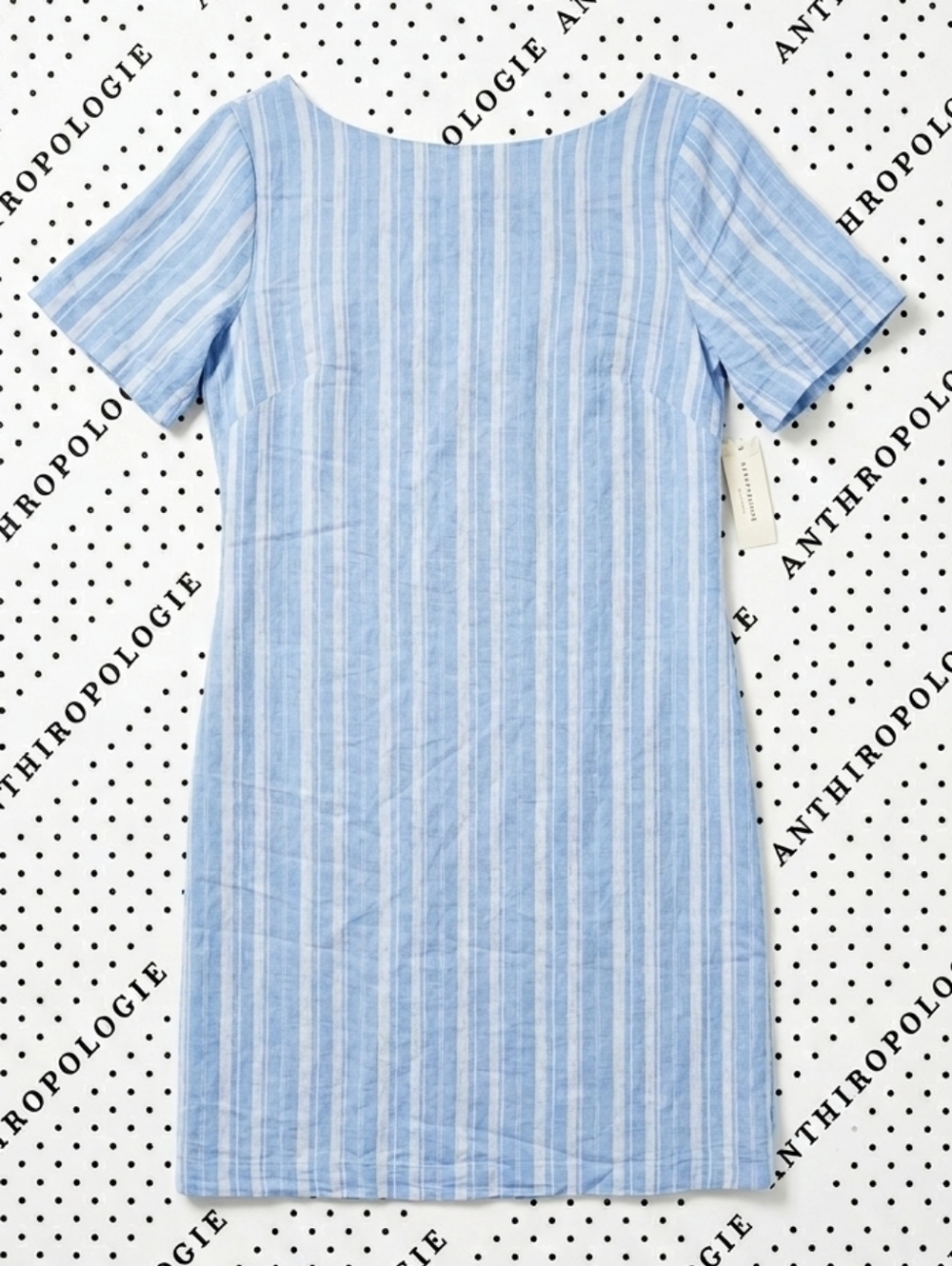 NWT - Anthropologie NWT Blue Striped Linen Shift Dress - Statement Bow Open Back